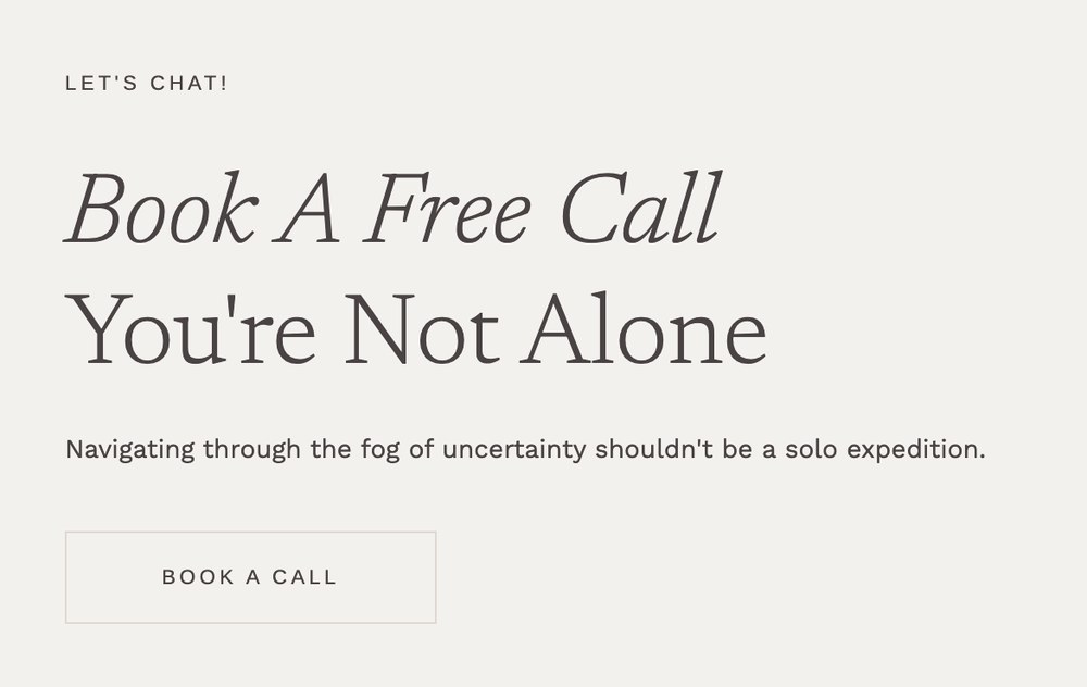 Type on her home page: Let's Chat in small spaced capitals, Book A Free Call in serif italic, You're Not Alone in serif roman, a line of sans-serif body text and a Book a Call button