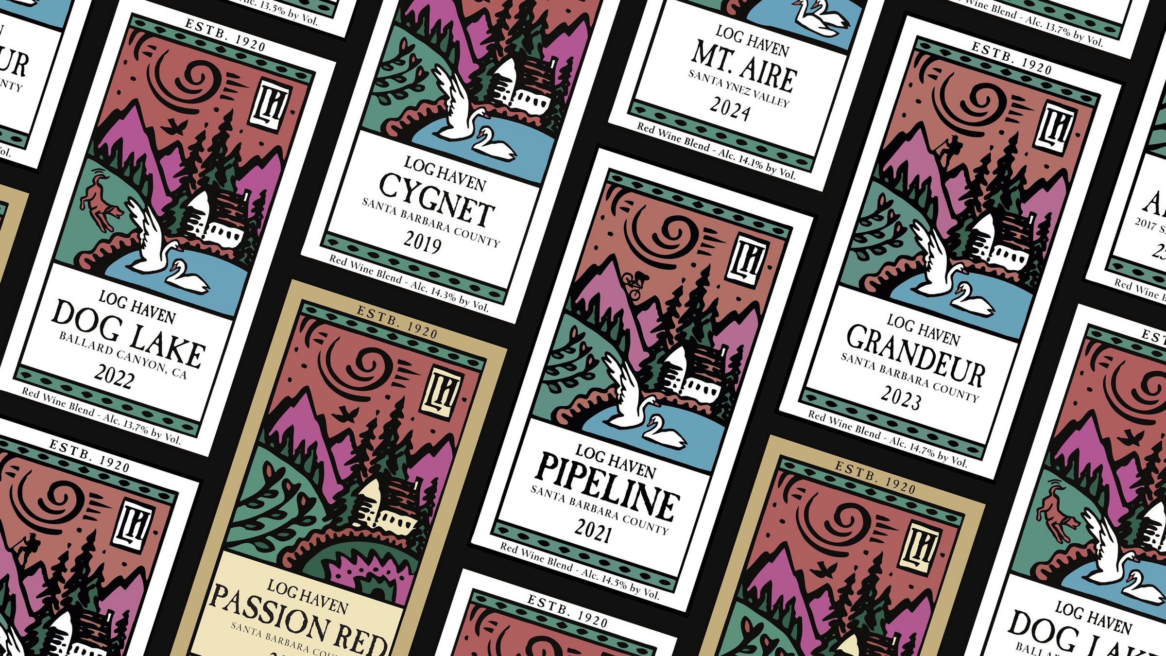Log Haven wine labels tiled edge to edge at an angle: an illustrated mountain scene with a cabin, pond and swans, each vintage adding its own character