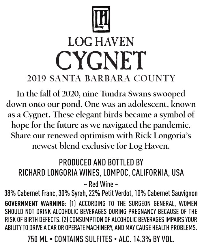 Back label, Log Haven Cygnet 2019: the Log Haven monogram, the story of nine tundra swans landing on the pond in fall 2020, the bottler and the required government warning