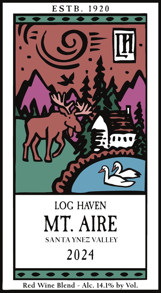 Mt. Aire 2024 front label, with a moose by the pond
