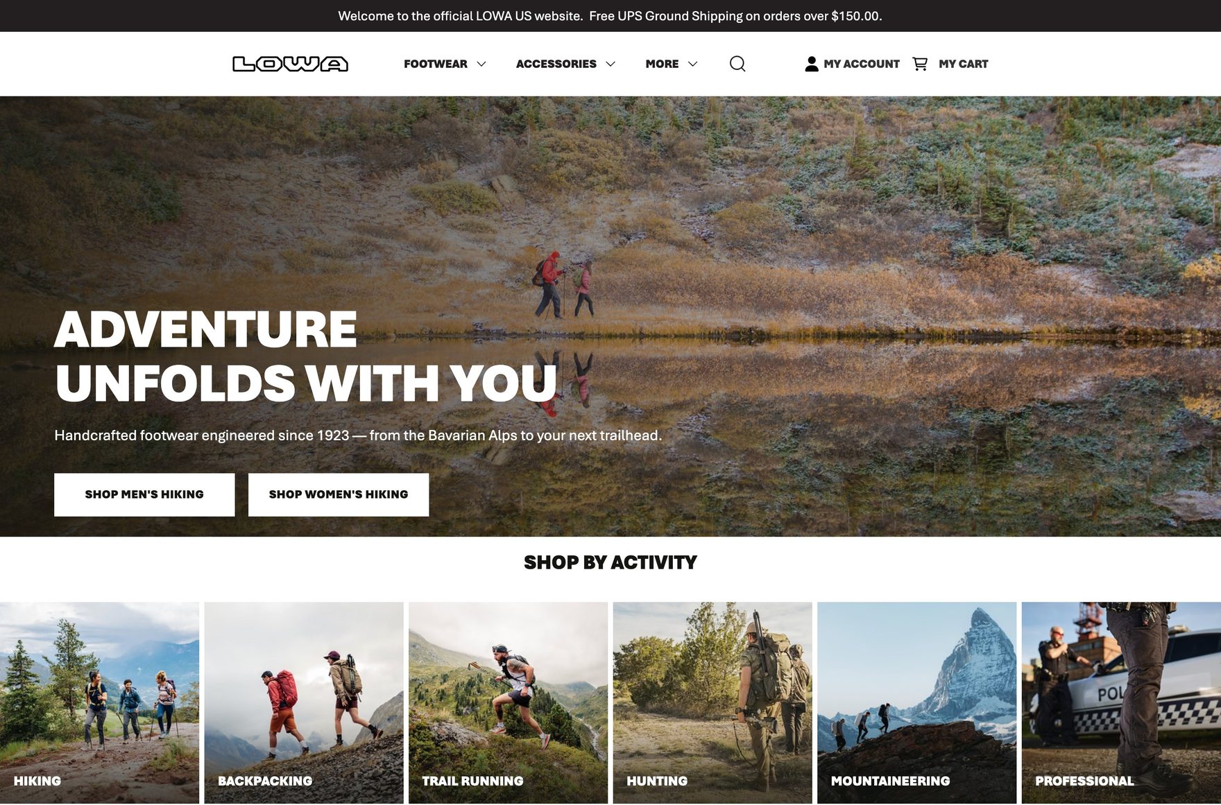 Live LOWA U.S. desktop homepage showing the Adventure Unfolds With You hero and shopping categories