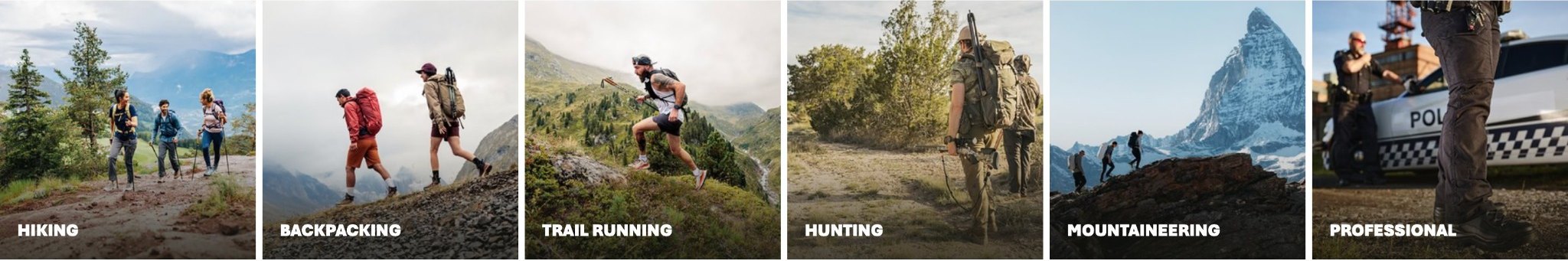 The live Shop by Activity row: hiking, backpacking, trail running, hunting, mountaineering and professional