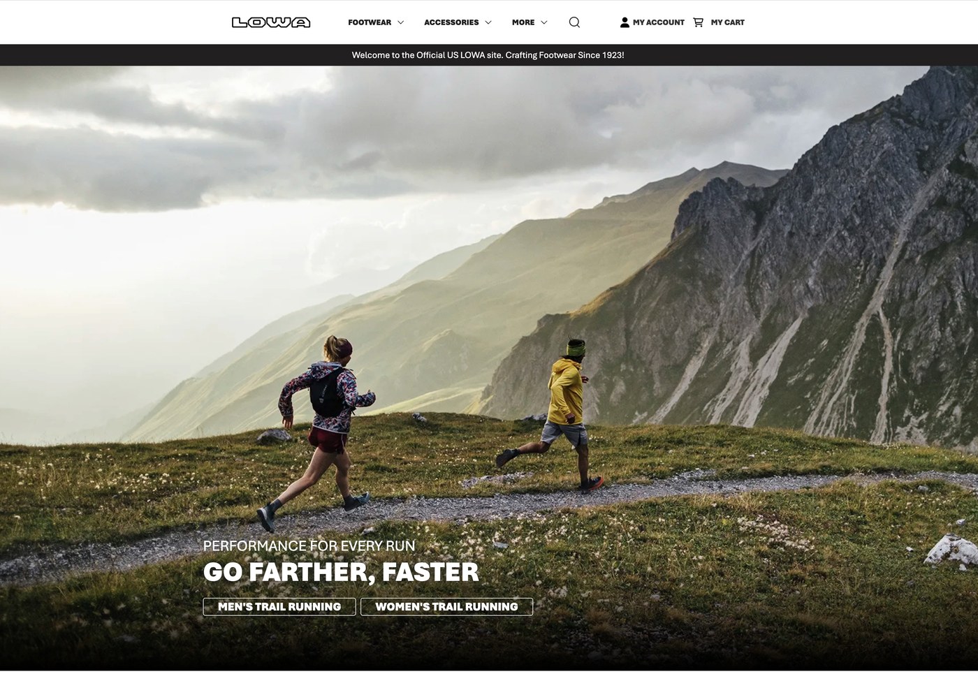 Earlier LOWA homepage with a trail-running lifestyle hero and individual product calls to action